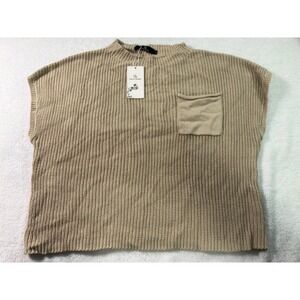 Lillusory Mens Womens Khaki Cotton Ribbed Knit Short Sleeve Pocket Sweater L
